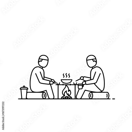 Two campers cooking food by the campfire with transparent background