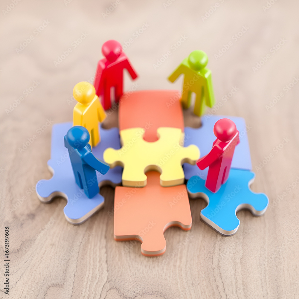 Fototapeta premium Colorful wooden figures represent diverse people connecting on jigsaw pieces. Teamwork, diversity concept visualizes HR strategies for inclusive workplace cultures. Different colored figures connect
