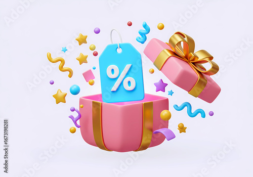 Open pink gift box with discount voucher icon love valentine wedding surprise concept 3d illustration background