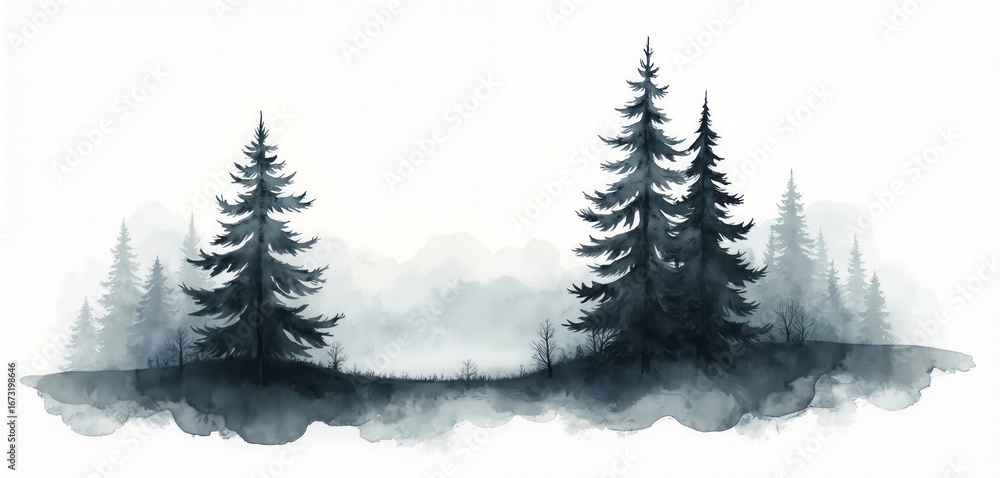 Obraz premium Elegant watercolor illustration of monochromatic pine trees in minimalist forest silhouette. Modern botanical artwork captures serene, greyscale landscape painting with stylized, natural feel.