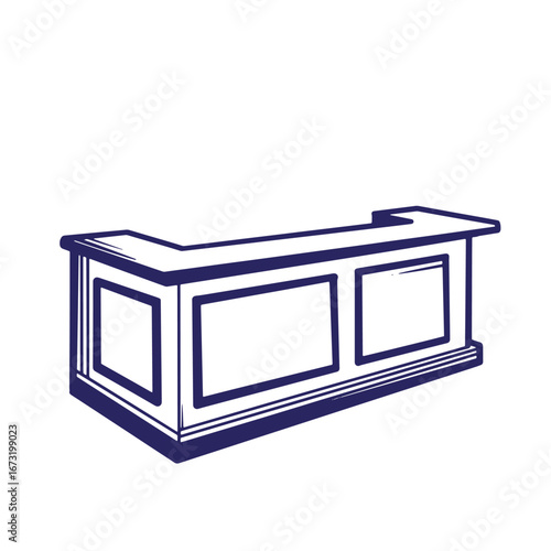 Hand drawn illustration of a classic wooden bar counter with a detailed front design.