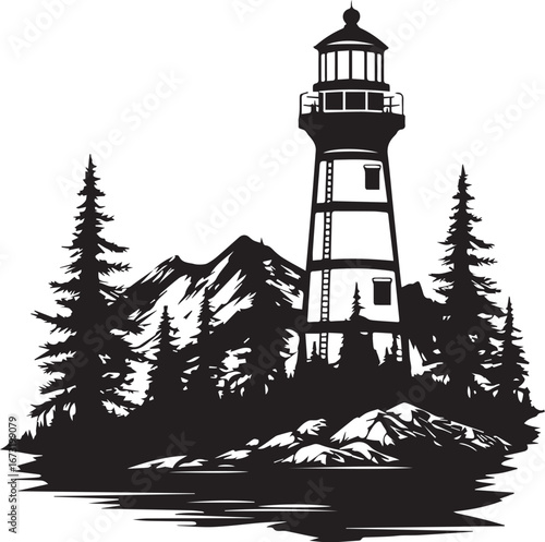 Lighthouse in Silhouette: Majestic lighthouse stands guard amidst a picturesque mountain and forest scene, showcasing navigation and hope in nature.
