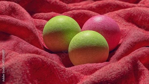 Three pastel spheres rest on a textured red fabric