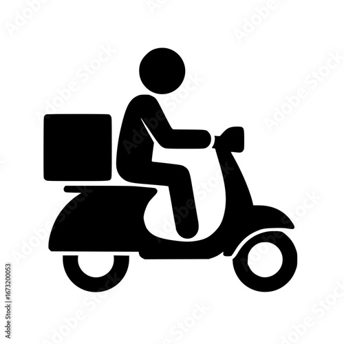 Black Silhouette Scooter Rider with Delivery Box Vector Isolated on White Background