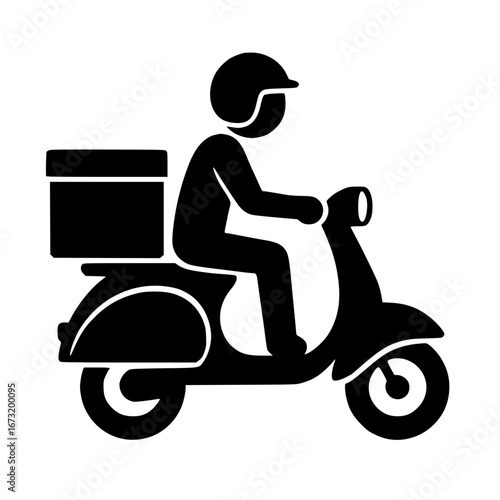 Black Silhouette Scooter Rider with Delivery Box Vector Isolated on White Background