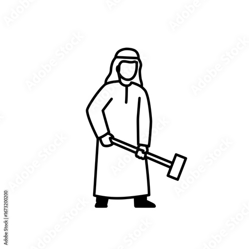 Man holding a shovel in traditional attire