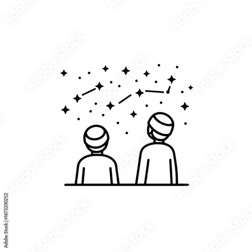 Night sky observation with stars and two people with transparent background