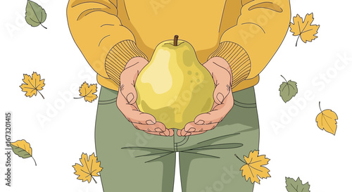 Person Tenderly Holding A Large Pear: Autumnal Harvest Illustration