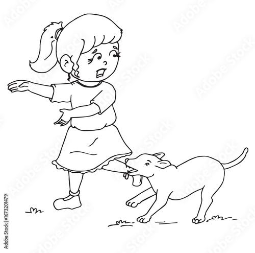 Science of hand drawn vector dog bite a girl outline.