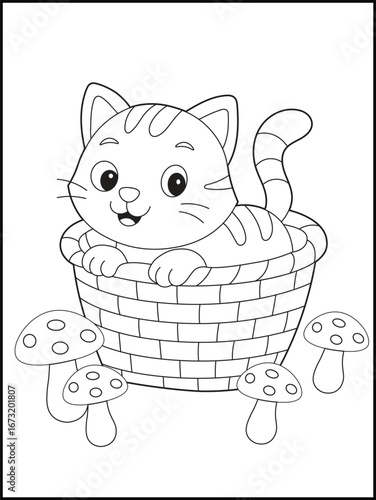 Cute Kitten in Basket with Mushrooms Coloring Page for Kids. Black and white line  art printables for toddlers