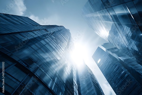 Tall skyscrapers under bright sunlight.