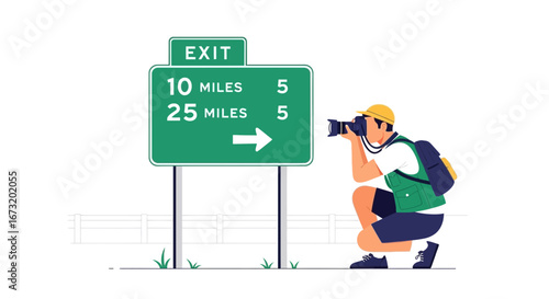 Photographer Capturing Road Sign, Highway Exit, Miles Distance, Travel, Vector Illustration