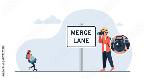 Photographer Observing Skateboarder Near Merge Lane Signage, Capturing Moment