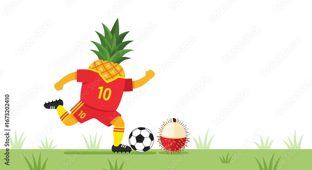 Naklejka premium Pineapple Football Player Kicking Ball With Rambutan Fruit On Green Field