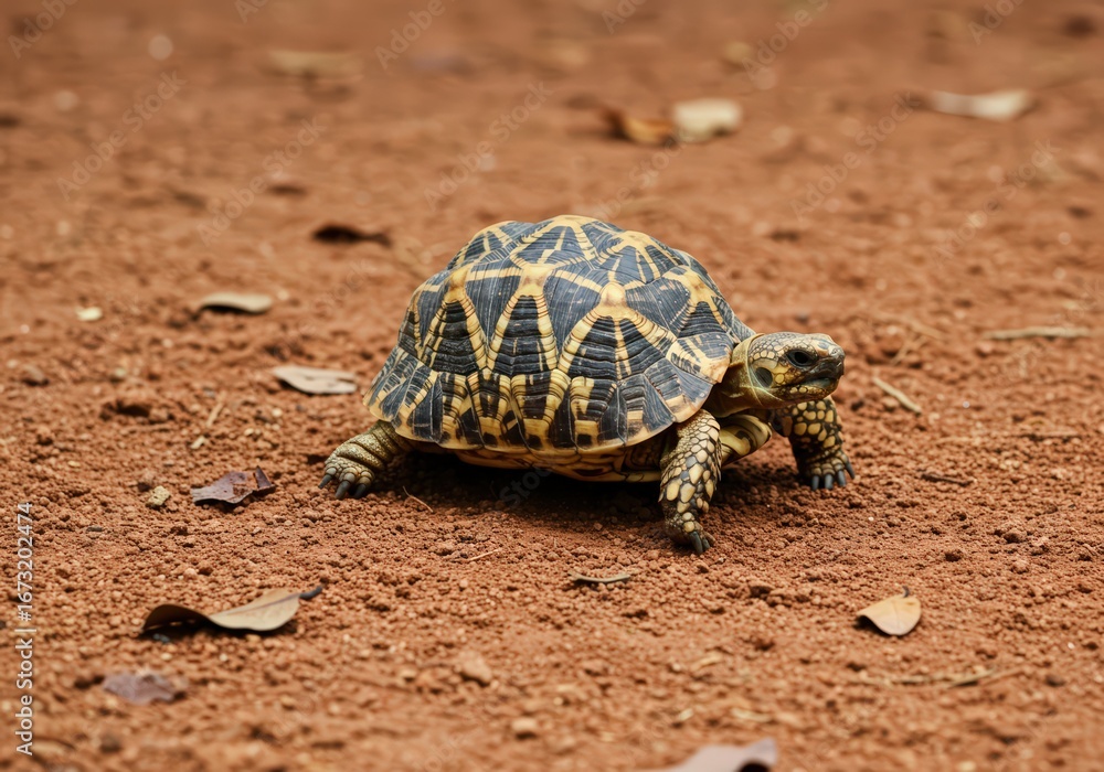 Fototapeta premium A radiated tortoise walking on a reddish brown ground with scattered dried leaves in the background