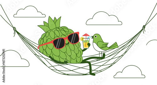 Pineapple Lounging In Hammock With Bird Enjoying Tropical Getaway Vacation