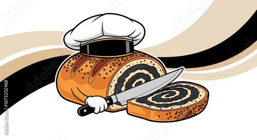 Playful Baker Cartoon Slicing Delicious Poppy Seed Roll With Culinary Expertise