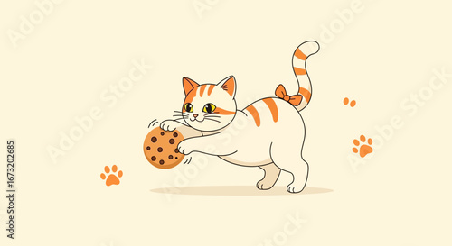 Playful Feline: A Charming Cartoon Depicting Kitten Enjoying a Chocolate Cookie