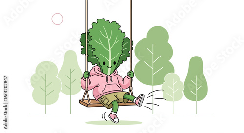 Playful Kale Character Enjoying Nature's Swing Set, Green Scene With Trees and Sun