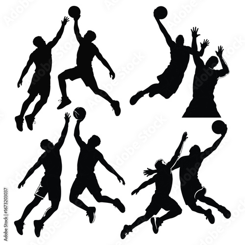 Silhouette of basketball players in dynamic action poses executing jump shots and dunks silhouette