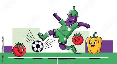Playful Vegetable Team Kicking Soccer Ball on Green Field with Cheerful Faces
