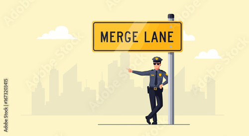 Police Officer Directs Traffic, Merging into the Designated Lane on a Highway Road