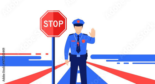 Police Officer Illustration Giving Hand Signal Blocking Traffic with Stop Sign Vector Art