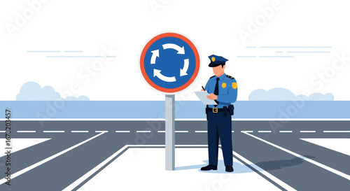 Police Officer Near Roundabout Sign, Inspecting Documentation, Analyzing Road Regulations