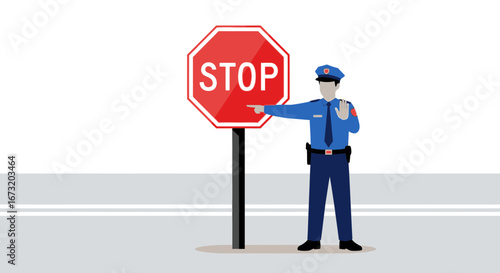 Policeman Directing Traffic Near A Stop Sign With Vector Illustration Style