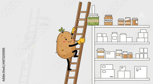 Potato Character Climbing Ladder to Reach Shelf Full of Preserved Food Illustration