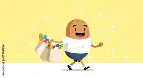 Potato Character Carrying Groceries After Shopping, Cheerful And Happy Going Home