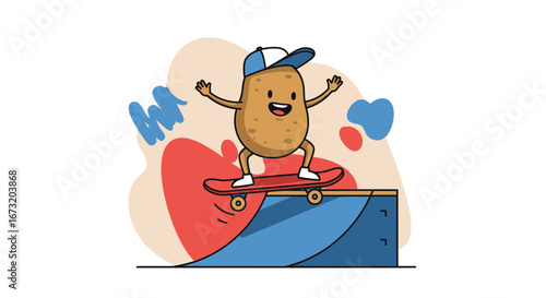 Potato Character Enjoying Skateboarding at a Ramp with Joyful Expression