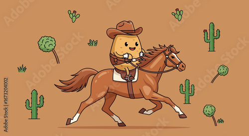 Potato Cowboy Adventures: A Whimsical Ride Through the Desert Landscape Illustration