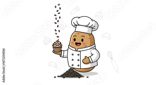 Potato Chef Character Presenting Cupcake with a Smiling Expression and Falling Sprinkles