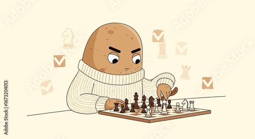 Potato Chess Strategist Contemplates Next Move While Playing Board Game