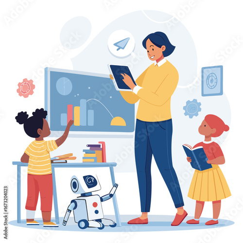 Vector art of a teacher instructs students in a classroom with a robot present, emphasizing the role of ai in modern education and fostering a love for learning