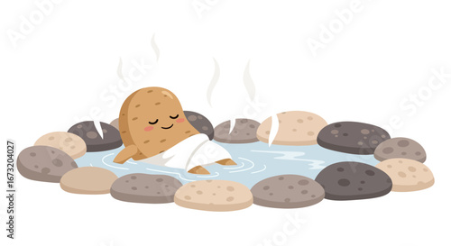 Potato Embraces Peaceful Relaxation In A Hot Spring Oasis Surrounded By Gentle Stones