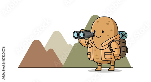Potato Explorer With Binoculars Discovering Mountains And The Wonderful Outdoors