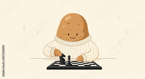 Potato Figure Engaged In A Strategic Chess Match With A Smiling Expression
