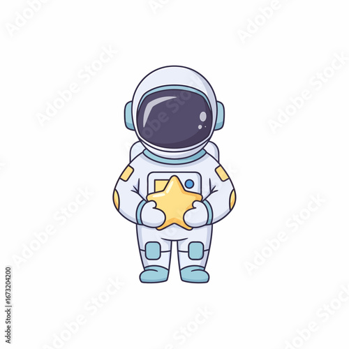 Cartoon Astronaut Holding a Yellow Star Wearing White Spacesuit with Blue Accents.