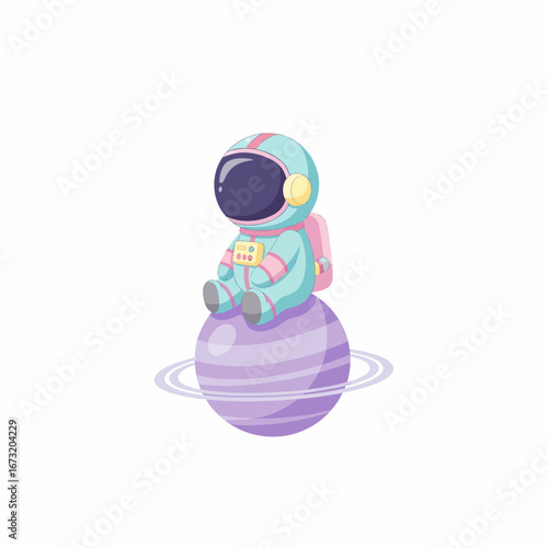 Adorable Cartoon Astronaut Sitting on a Purple Planet with Rings.