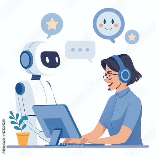 Vector art of a customer service representative is working with a robot assistant, providing support and assistance to customers online