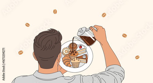 Pouring Coffee Over Desserts on a Plate Concept Demonstrating Food and Drink