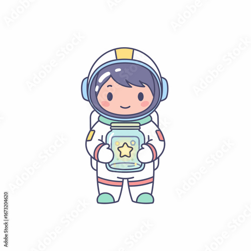 Adorable Kawaii Astronaut Holding a Star Jar in Space Suit.