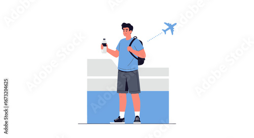 Preparing For Long Distance Travel: A Traveler Ready To Board The Flight With Bottle
