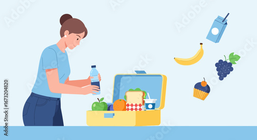 Preparing Healthy Lunchbox With Fresh Foods and Woman Holding Bottle of Water