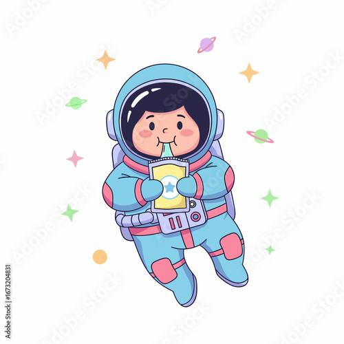 Cute chubby astronaut in blue suit floating happily sipping drink with straw.