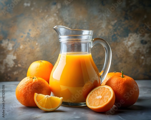 3d icon of a glass pitcher filled with fresh orange juice and whole and sliced oranges on a rustic table, perfect for a healthy breakfast or refreshing drink