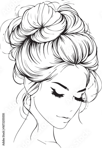 Elegant Hair Bun: Exquisite close-up illustration of a woman, a sophisticated hair bun hairstyle, with graceful features and soft, feminine lines.