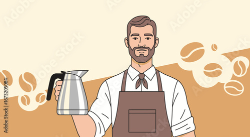 Professional Barista Holding a Kettle, Brewed Coffee Ingredients Illustration Design